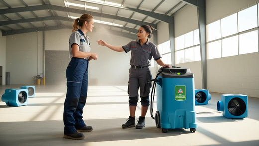 Technicians discussing and setting up industrial equipment for climate control solutions in a large warehouse