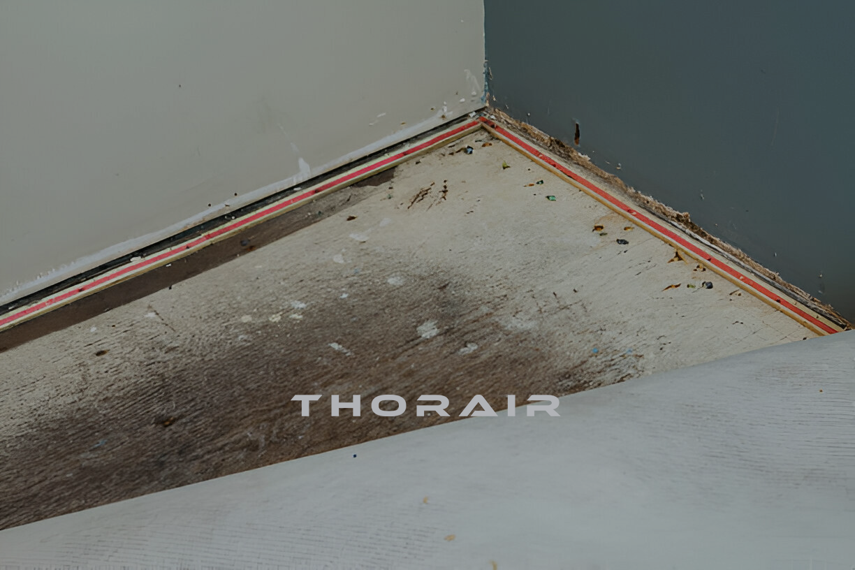 Close-up of water damage causing mold and discoloration on a corner wall and floor baseboard