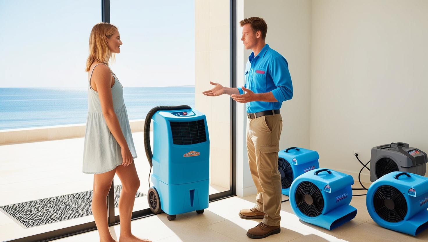 Technician explaining the features of a commercial dehumidifier to a woman by the window