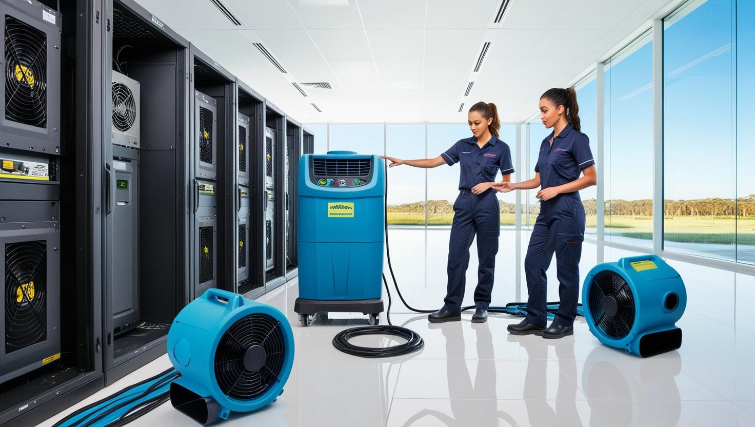 Technicians operating environmental control equipment in a server room with cooling and ventilation devices