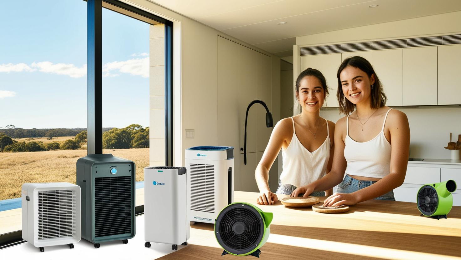 Various air purifiers displayed in a bright kitchen with two women smiling in the background