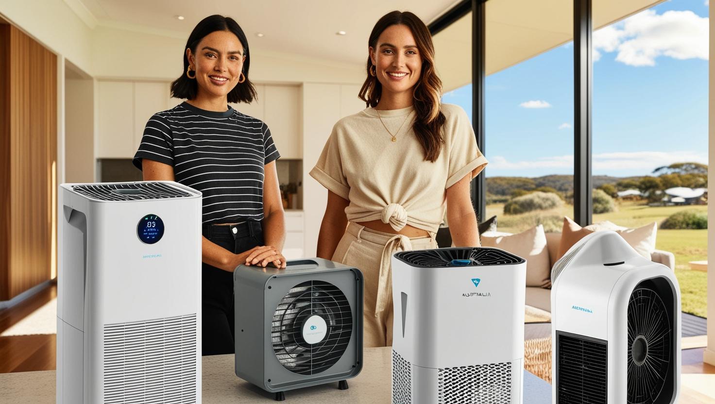 Two women standing behind a variety of modern air purifiers displayed on a kitchen counter in a bright room