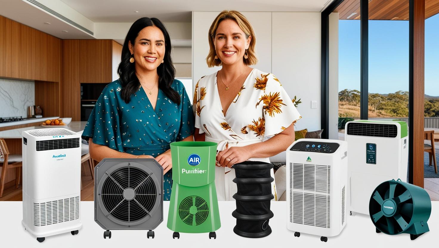 Two women standing behind a variety of air purifiers displayed in a modern home setting