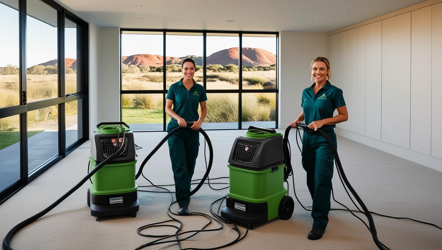 Two professional cleaners using green air purification machines in a spacious room with large windows