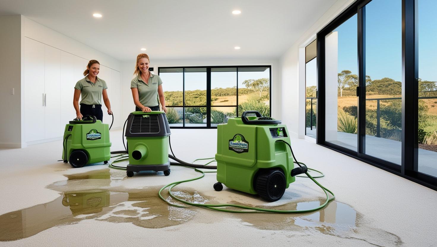 Two women using green commercial air blower machines to dry a water spill inside a bright room