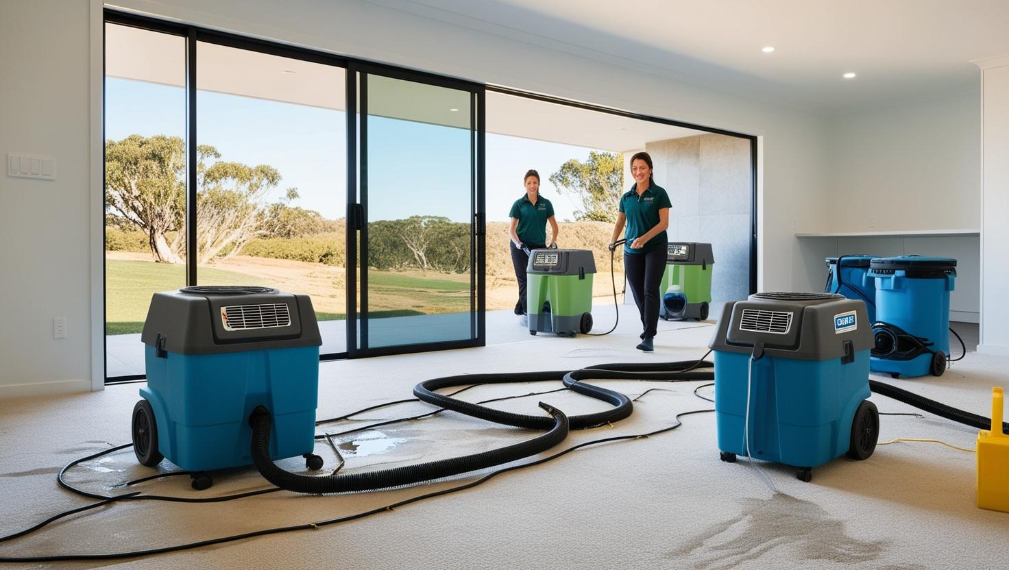 Professional cleaning team using industrial equipment for contaminant removal in a spacious room