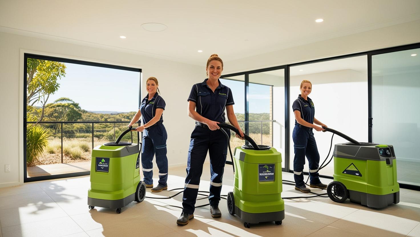 Three professional cleaners using green commercial machines for effective commercial solutions in a bright office space