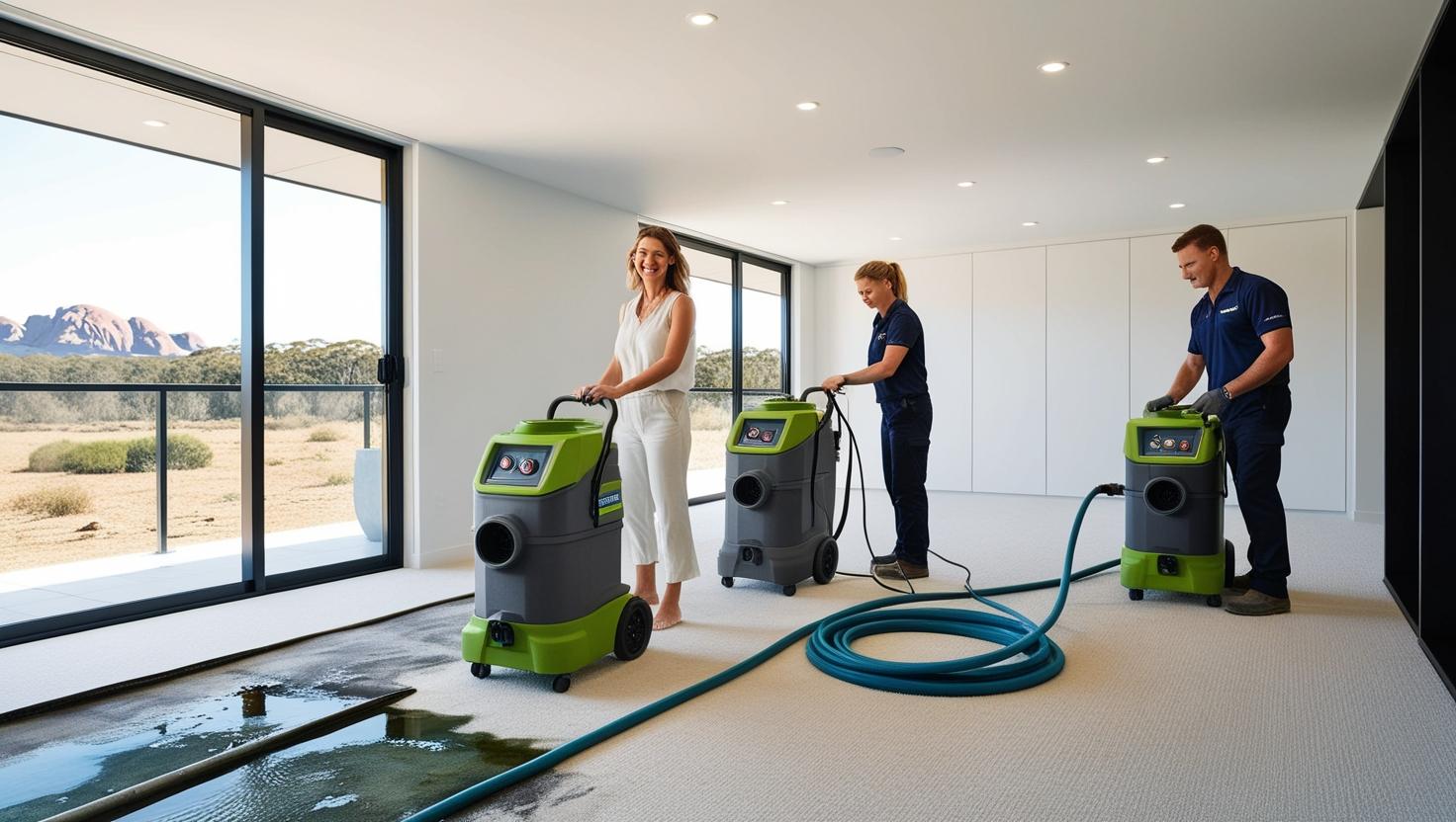 Three people operating industrial dehumidification machines to remove water from a room with large windows