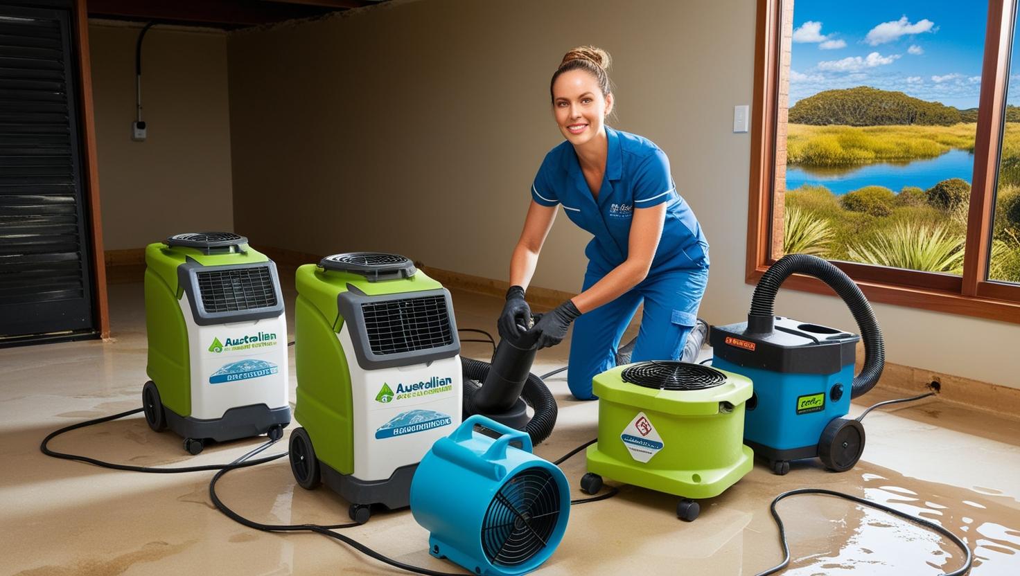 Technician using environmental control machines to dry water-damaged floor in a room with large window