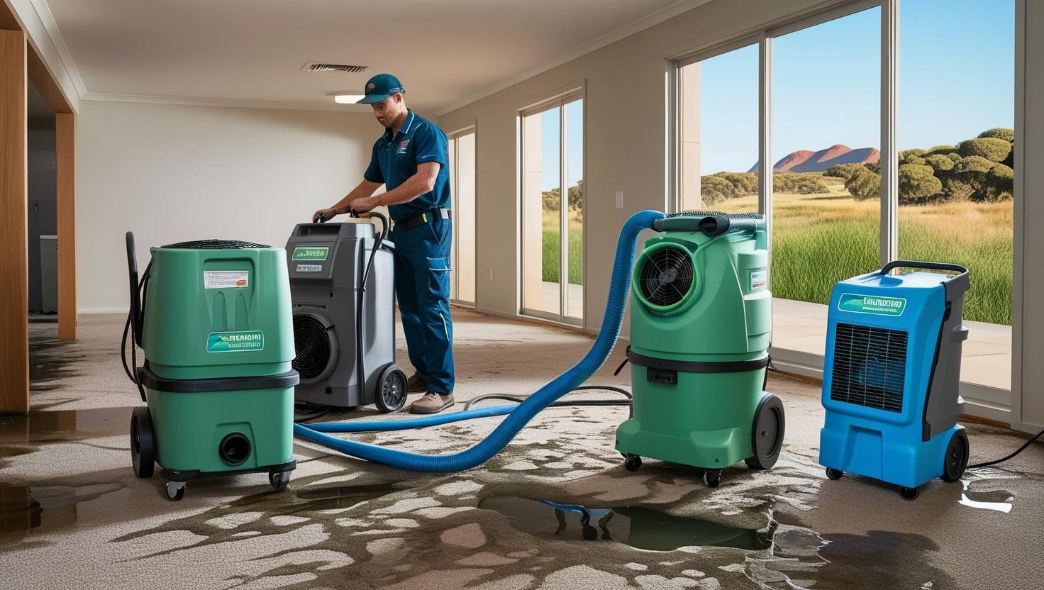Professional using industrial equipment for Indoor Air Quality Management f in a water-damaged room