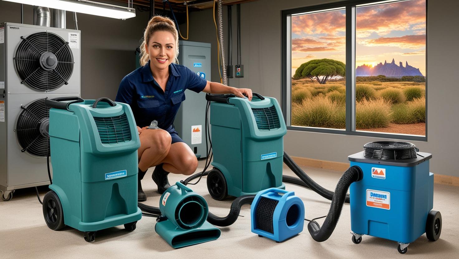 Woman demonstrating advanced environmental control equipment including dehumidifiers and air movers in a modern room