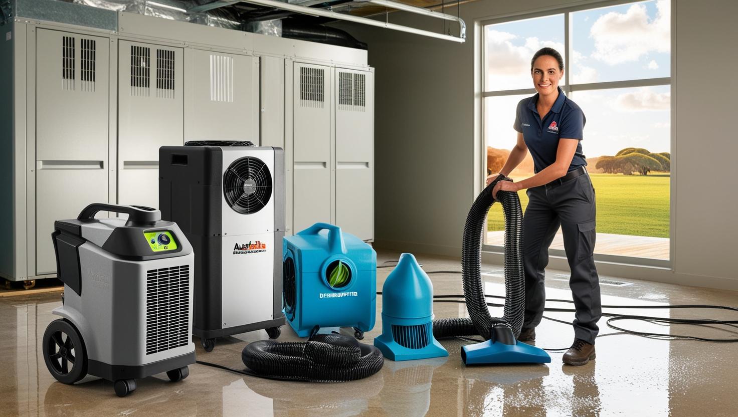 Technician using equipment for Atmospheric Management in a clean industrial facility with dehumidifiers and air movers