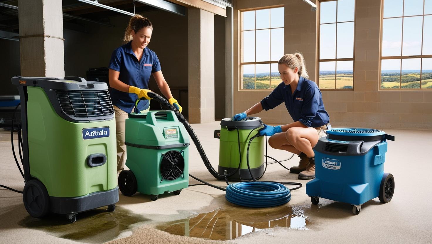 Technicians using Environmental Control Systems equipment to manage moisture and water cleanup in an indoor space