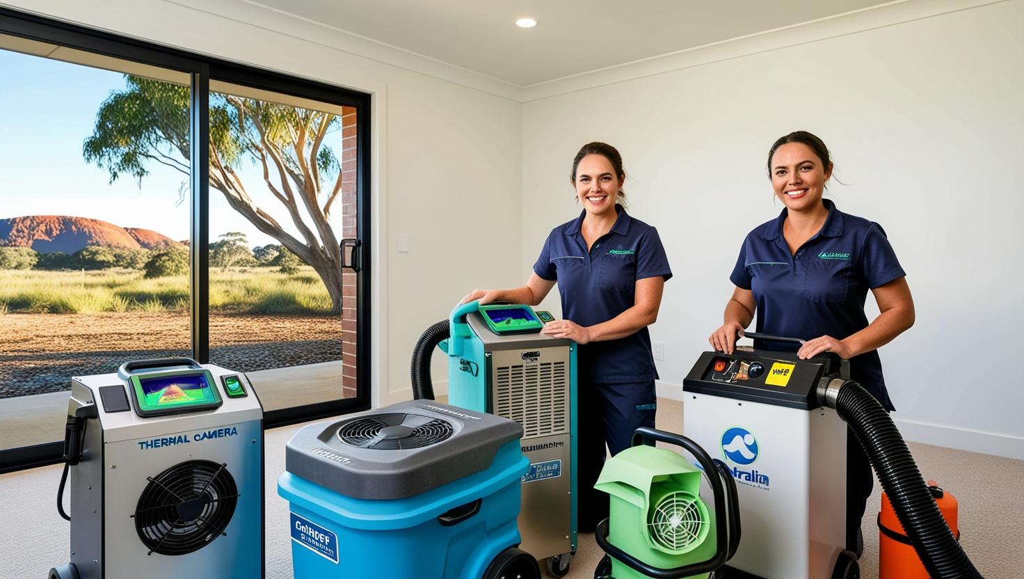 Two women standing indoors with advanced moisture management equipment and dehumidifiers by a large window