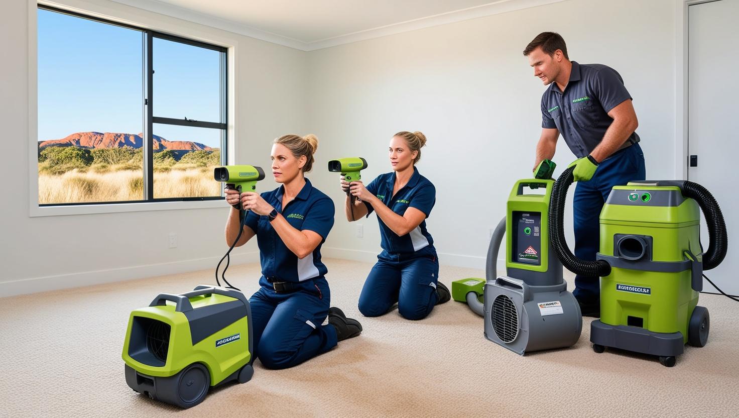 Technicians testing indoor air quality using advanced equipment in a bright, empty room