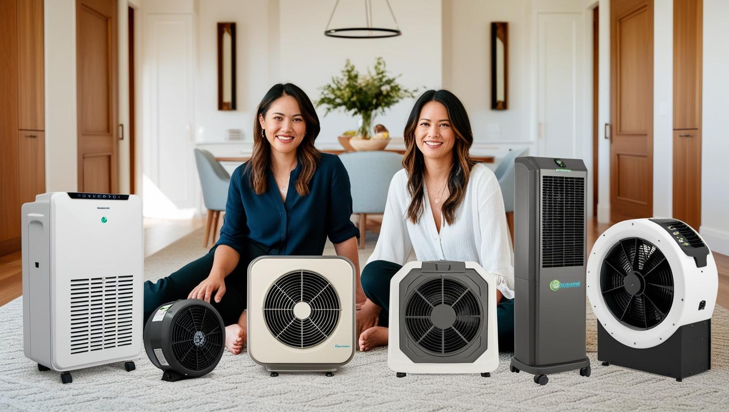 Two women sitting on floor with various dehumidification and purification devices in bright modern room