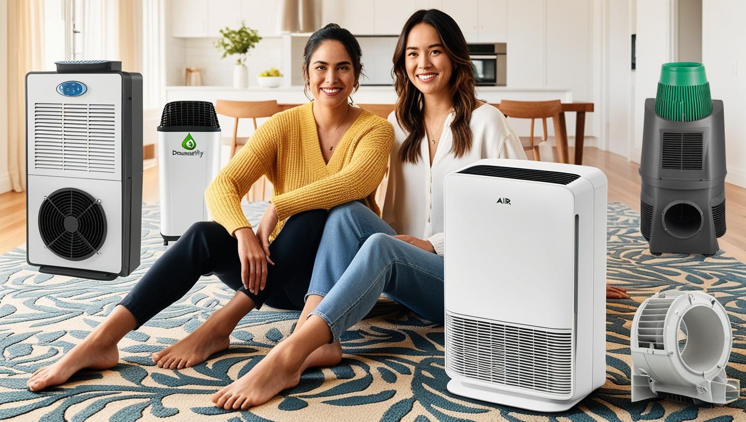 Two women sitting on a rug surrounded by various dehumidifiers and air solutions in a bright modern living room