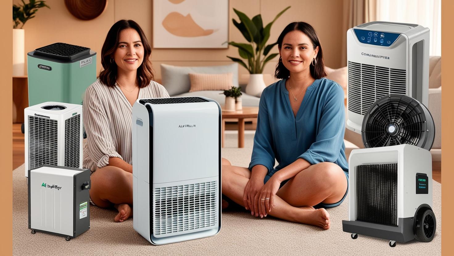 Two women sitting on the floor surrounded by various air purifier to industrial dehumidifiers in a cozy living room