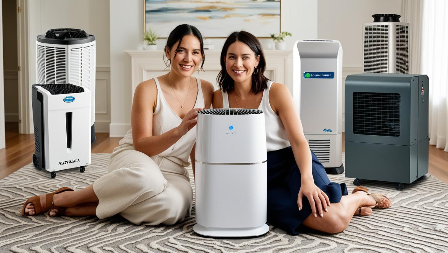Two women sitting on a rug surrounded by various dehumidifiers highlighting effective humidity control solutions