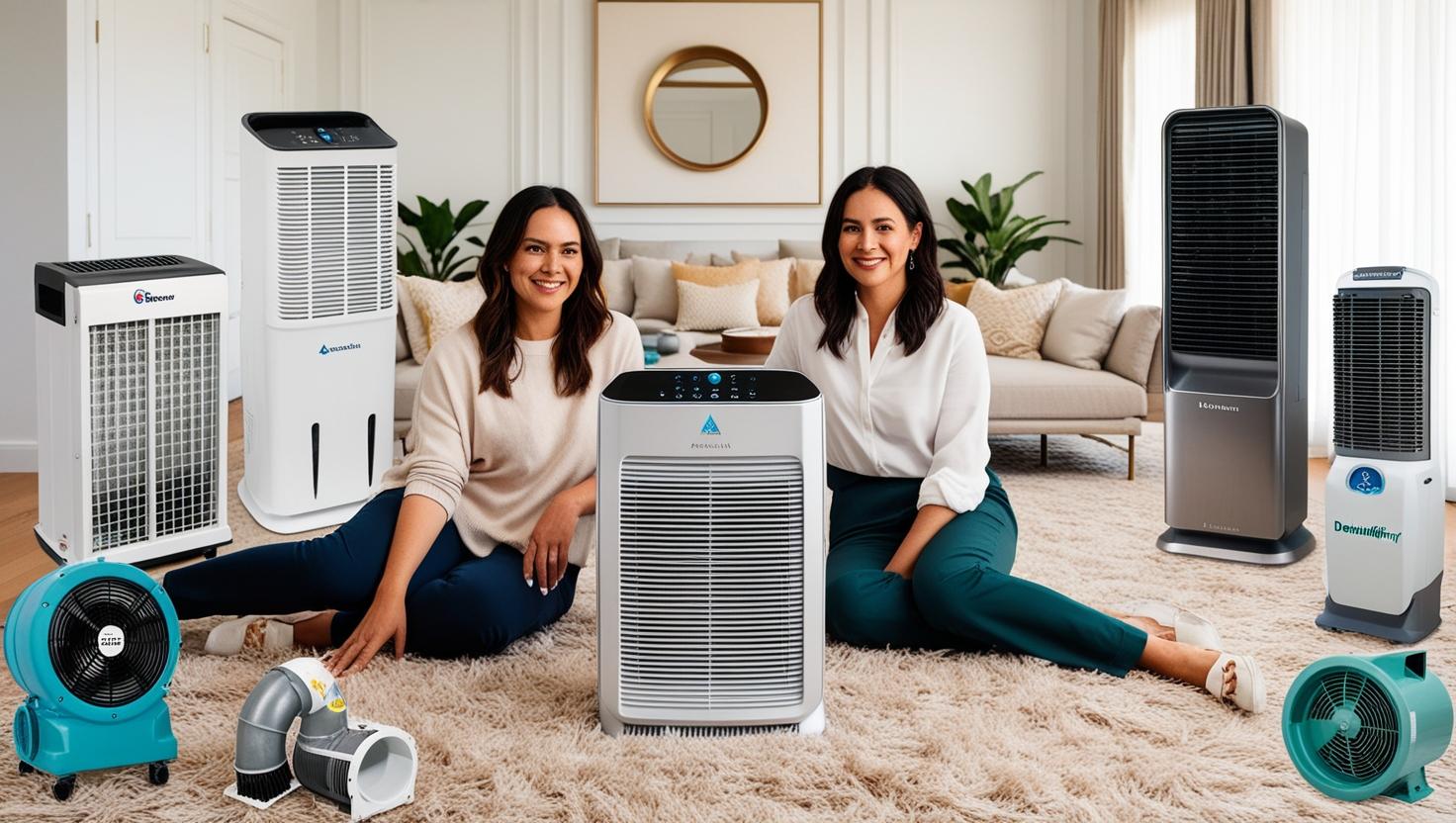 Two women sitting on a carpet surrounded by various air purifiers and humidifiers showing humidity and air purity devices