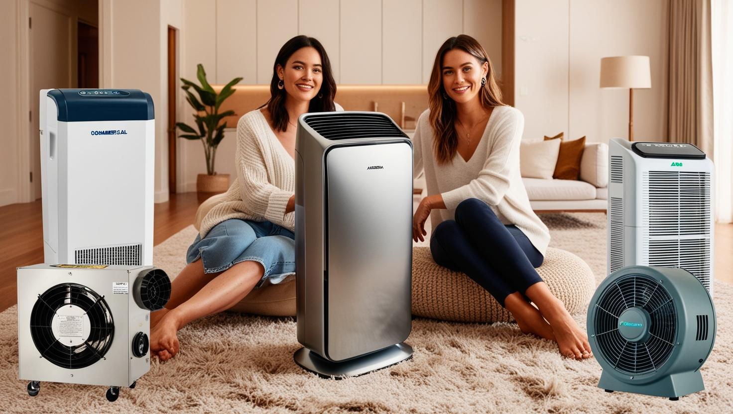 Two women sitting in a living room with various air purifiers and fans showcasing superior air control devices