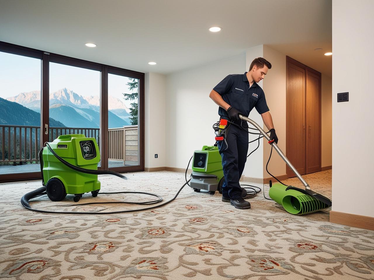 Technician using green commercial dehumidifiers to dry carpet in a modern room with mountain view