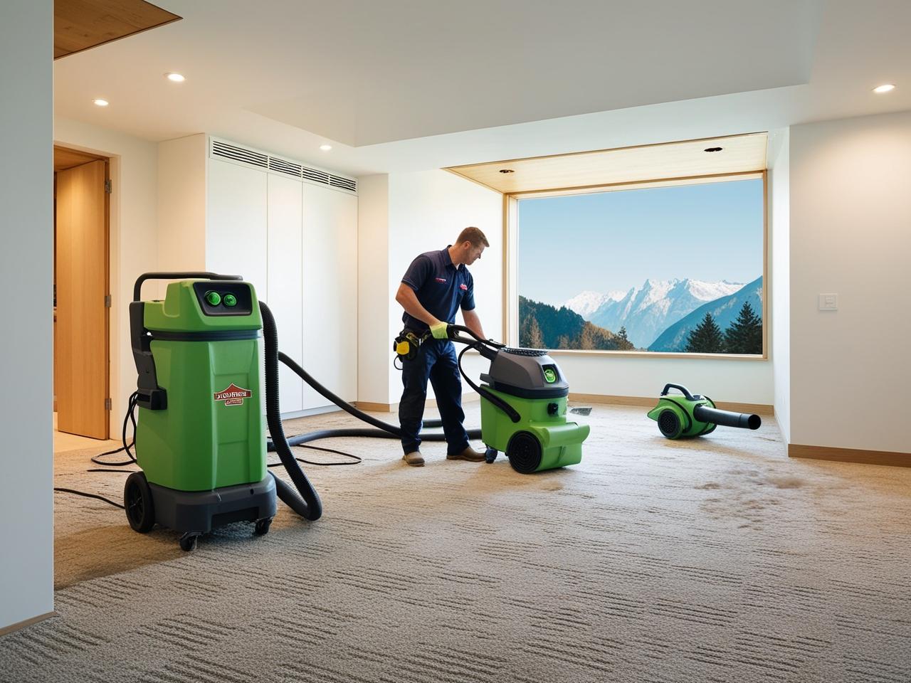 Technician operating commercial dehumidifiers and drying equipment in a spacious room with mountain view