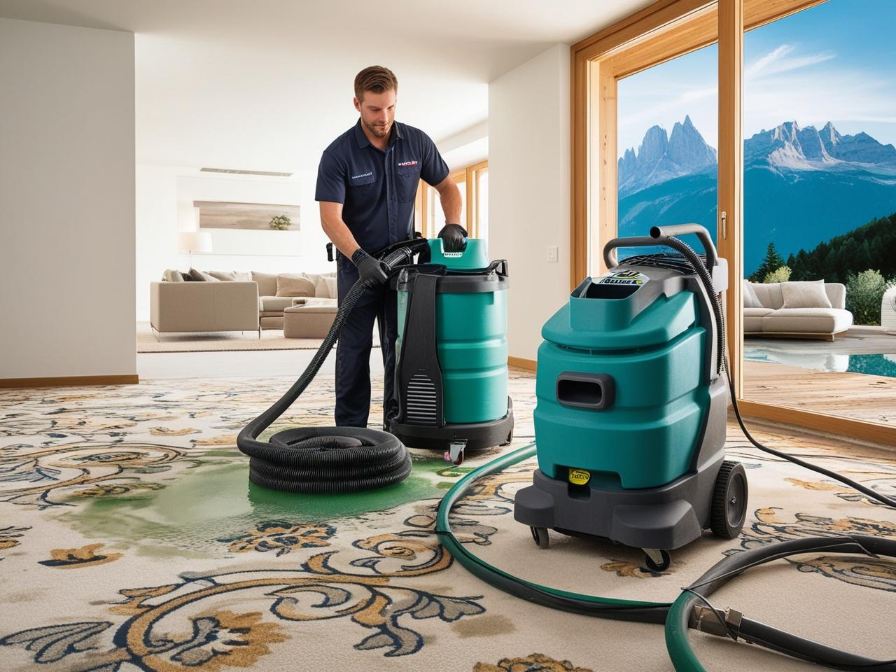 Technician using professional air purifiers and dehumidifiers to clean and dry carpet in spacious living room