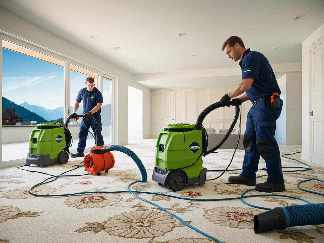 Technicians using green dehumidifiers and air purifiers to clean and dry a carpeted room with natural light