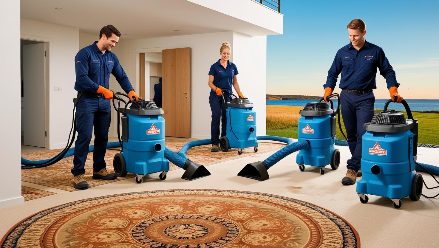 Technicians using blue commercial dehumidification machines in a residential space with a patterned rug and outdoor view