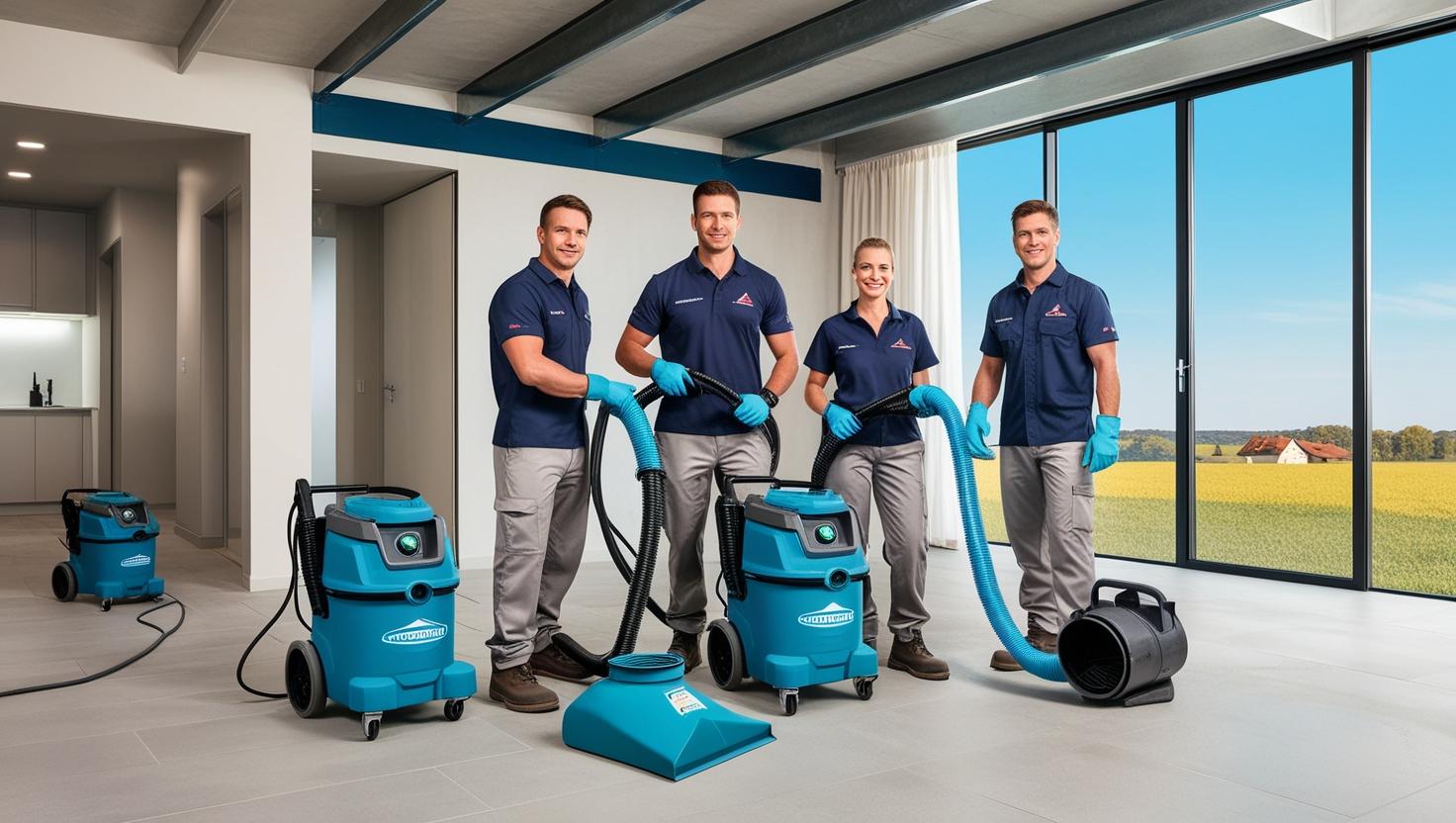 Team of professionals using commercial dehumidifiers and drying equipment in a spacious modern room