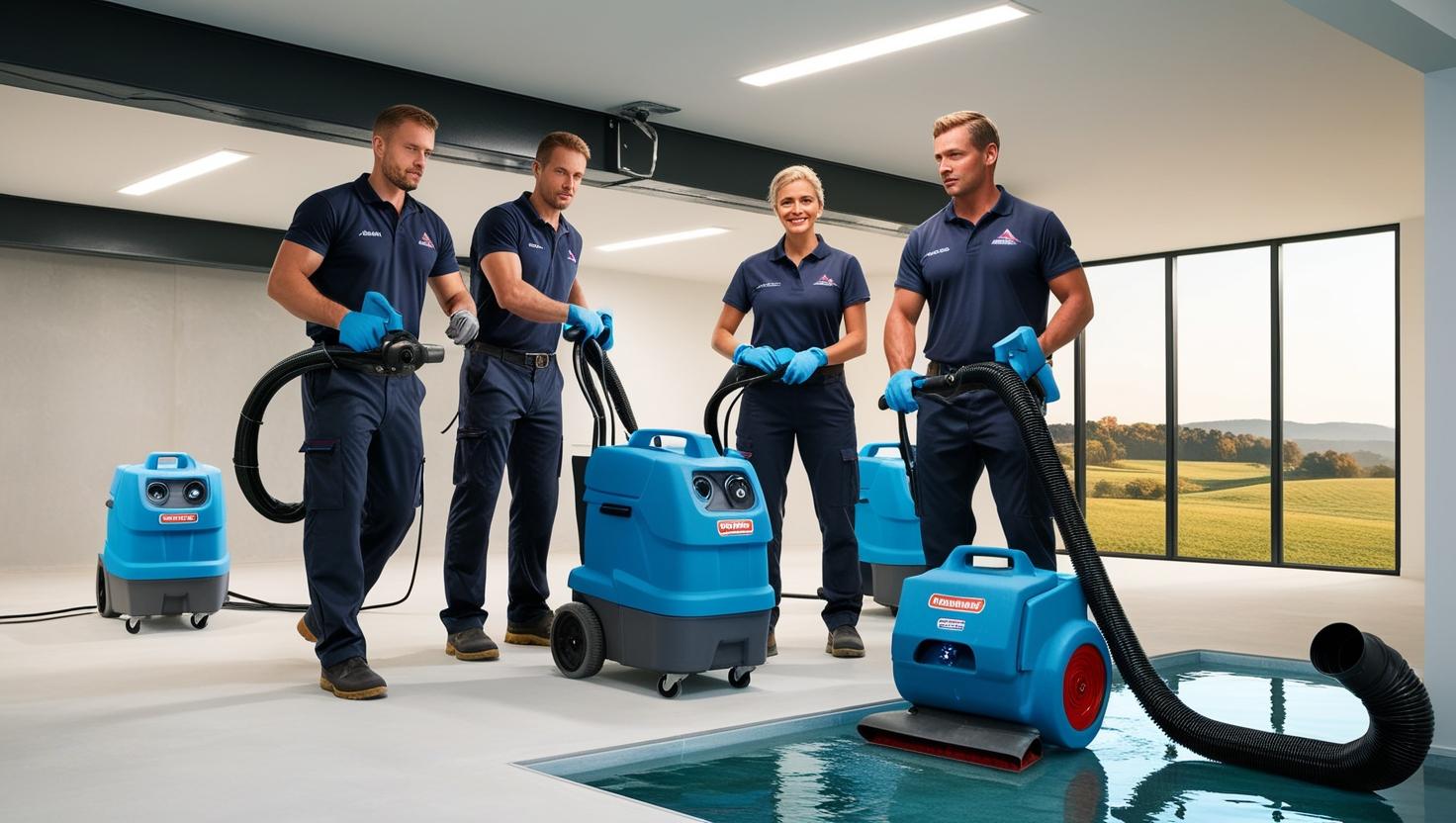 Team of four professionals using blue industrial dehumidifiers in a large indoor space with a pool