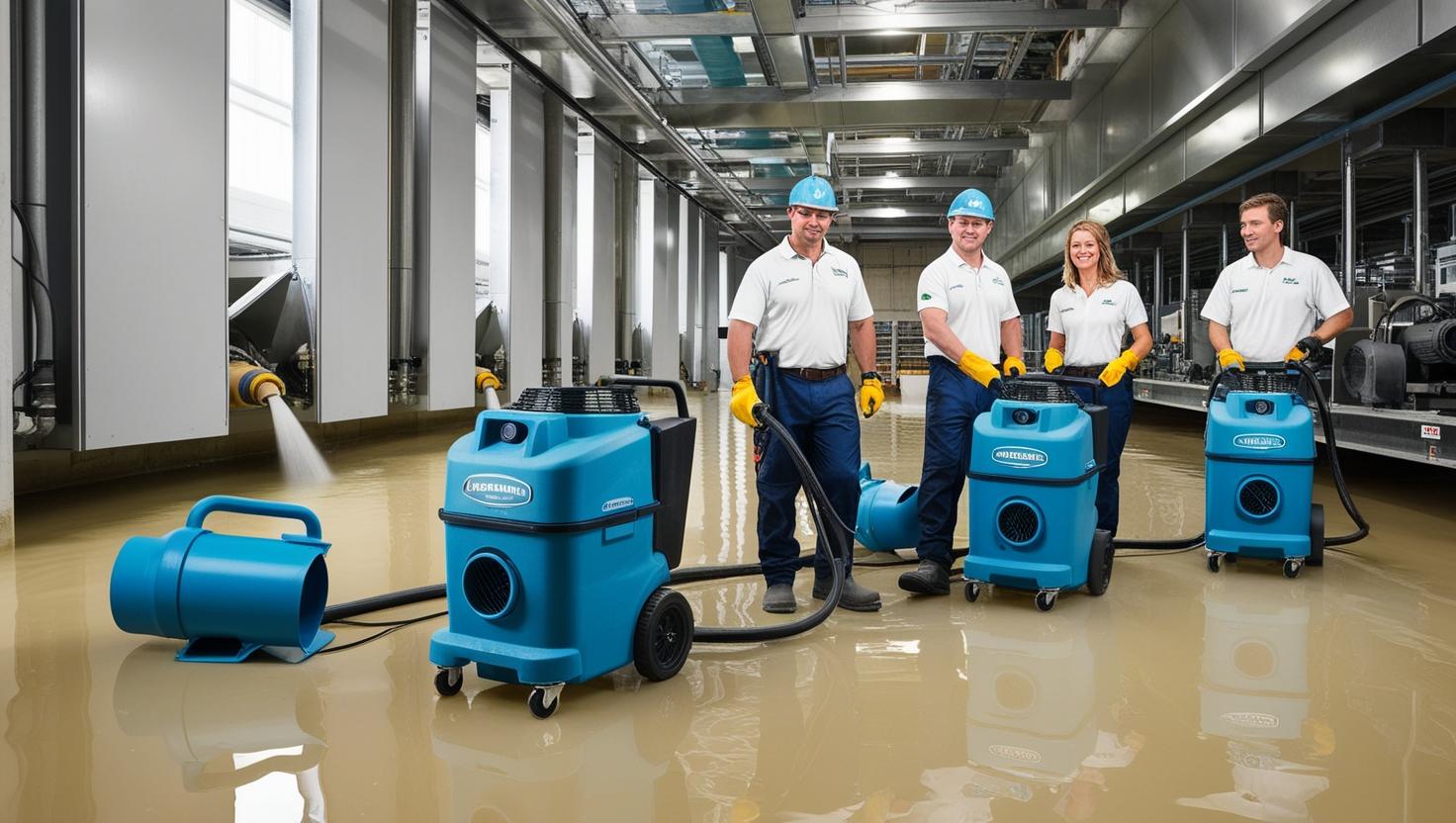 Technicians operating blue commercial dehumidifiers in a large industrial facility with wet floors