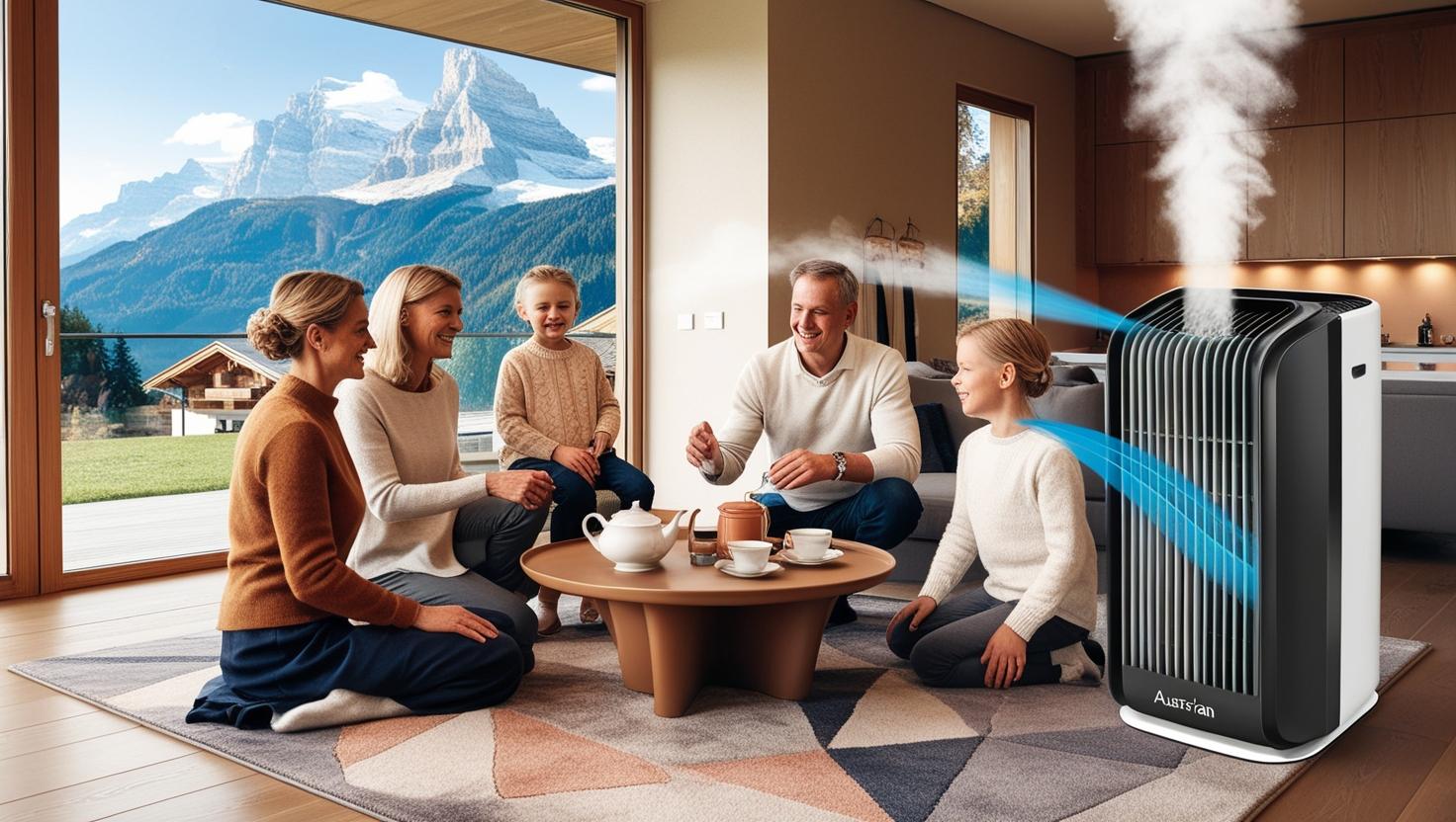 Family enjoying tea in a living room with an air filter purifier releasing clean air and steam