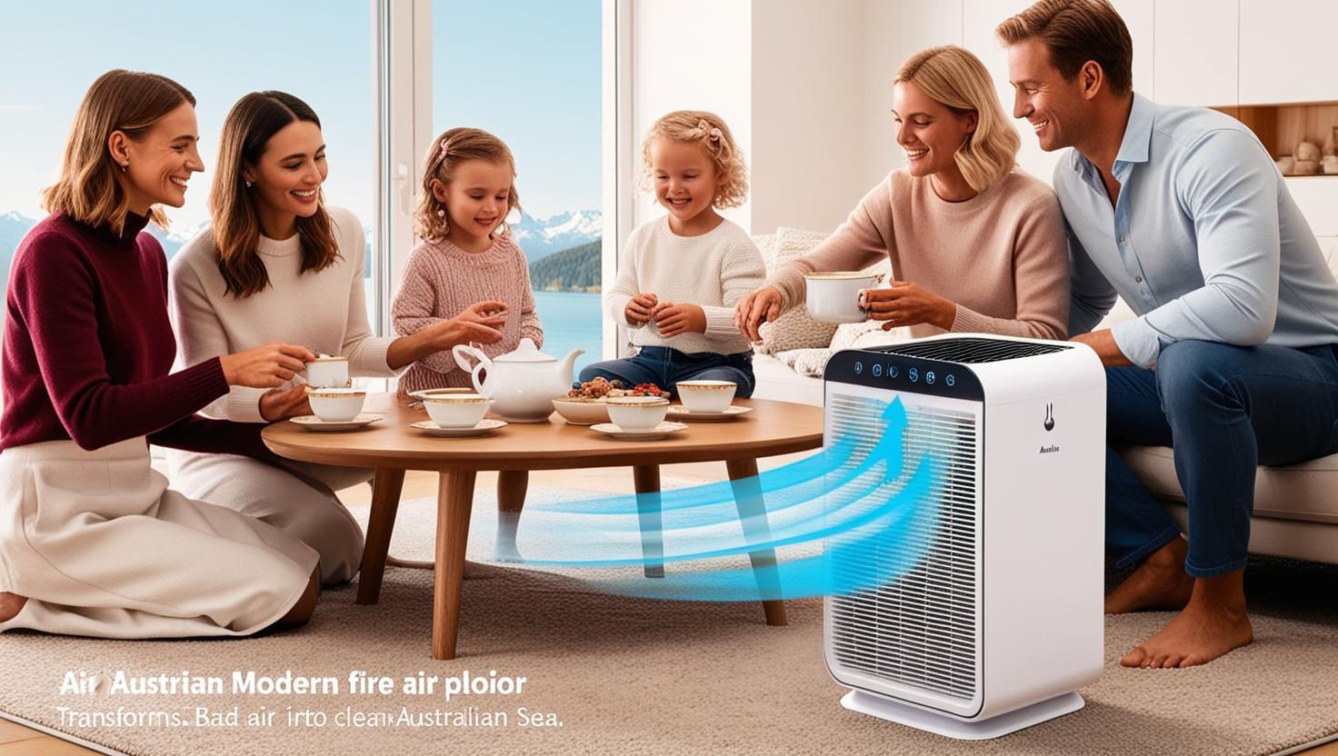 Family enjoying tea together with modern air purifiers improving indoor air quality in living room