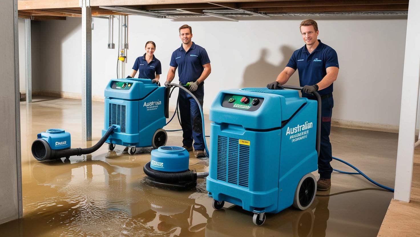 Technicians operating blue commercial dehumidifiers to remove water from flooded indoor concrete floor