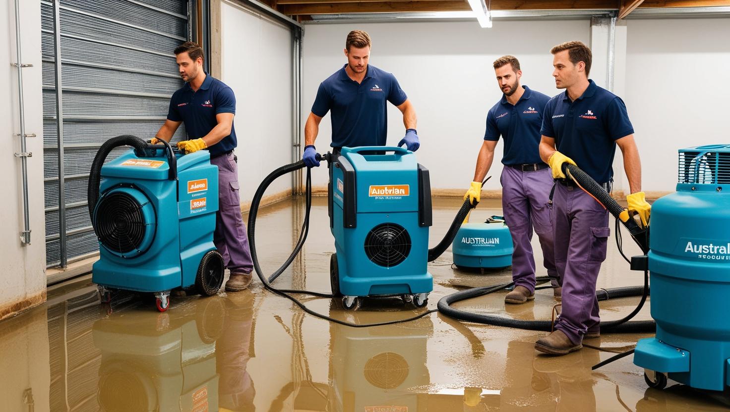 Technicians operating commercial dehumidifiers to remove moisture from a flooded industrial floor