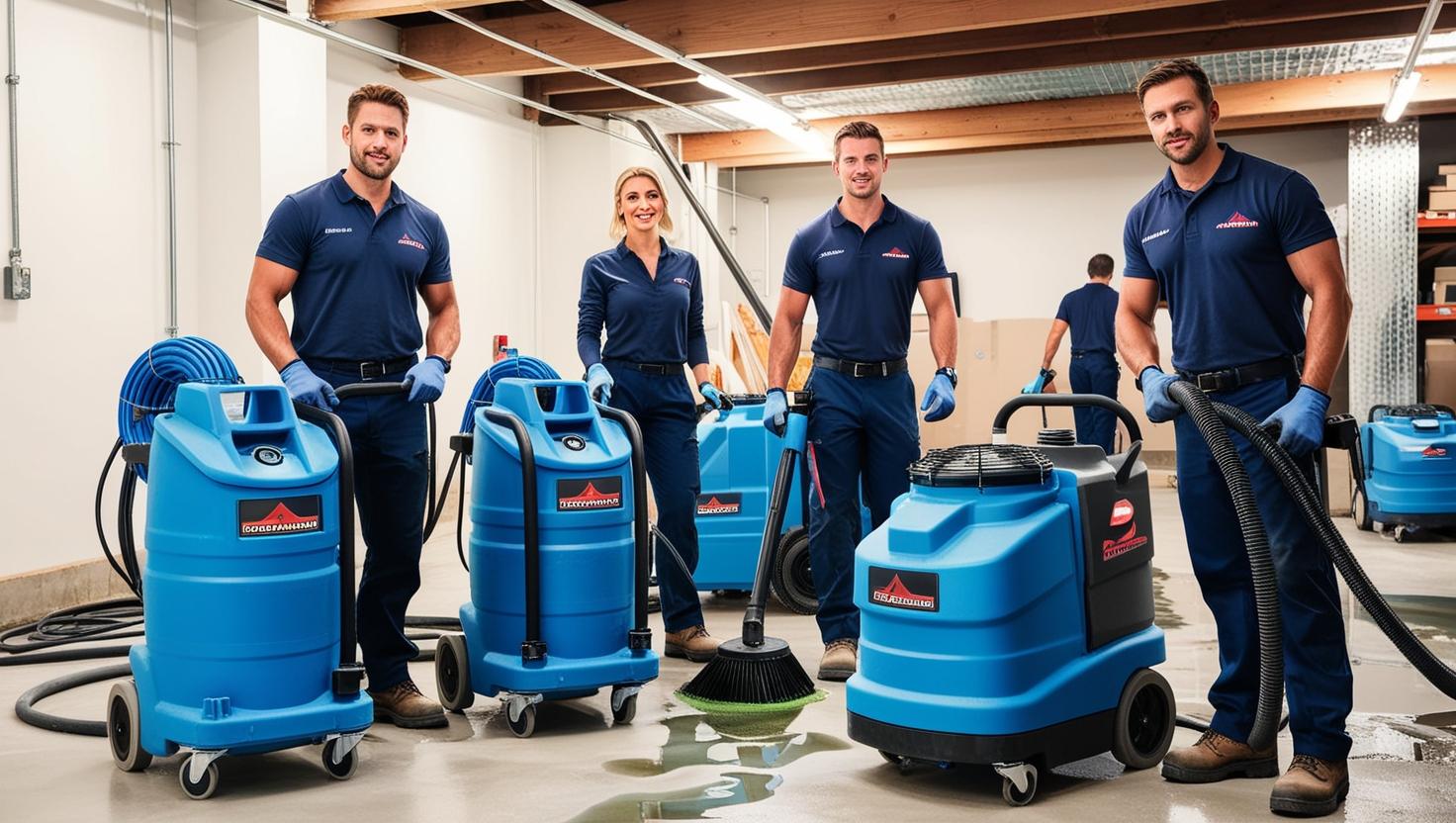 Team using commercial dehumidifiers and cleaning equipment in a warehouse setting