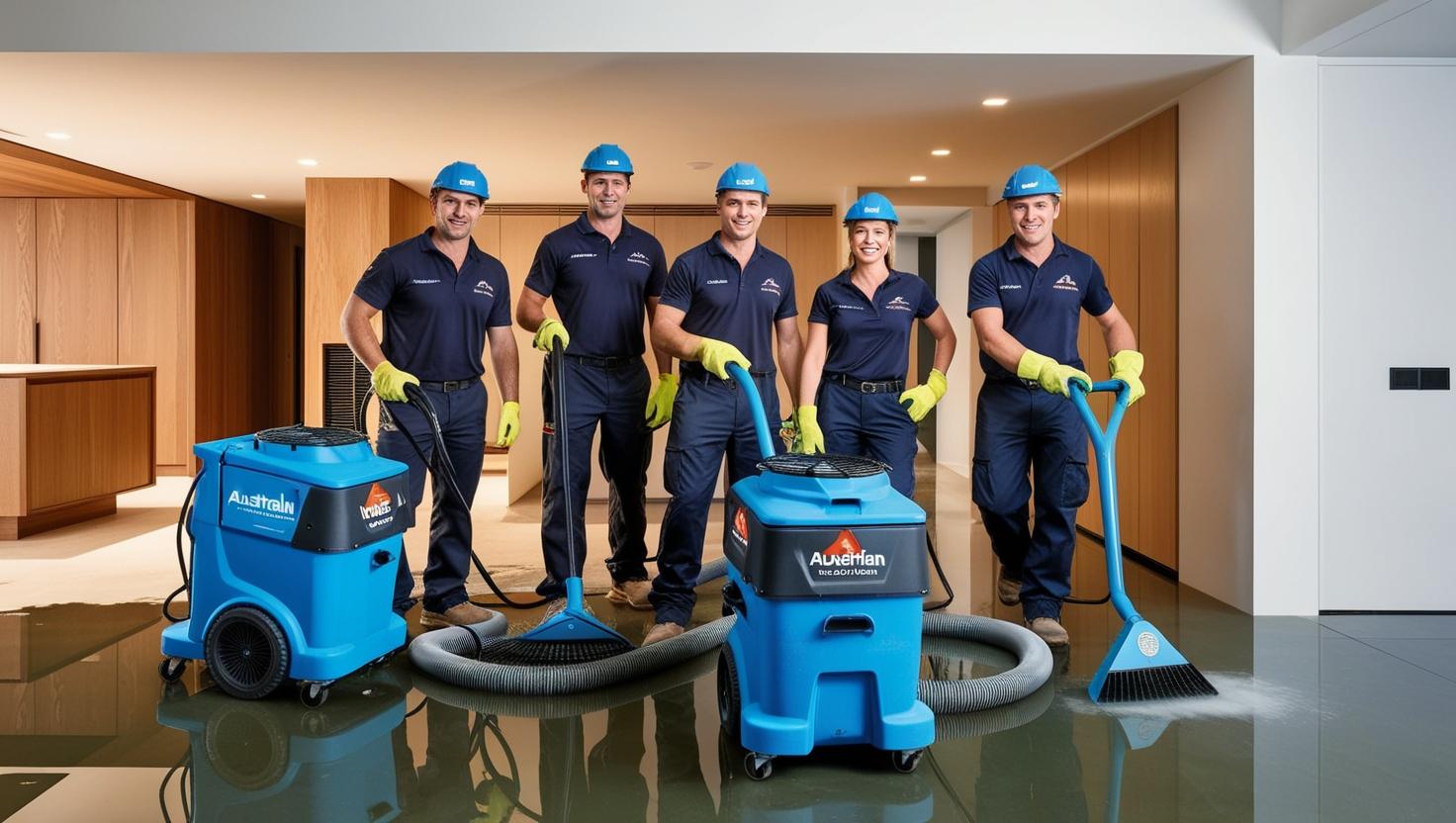 Team of workers with commercial dehumidifiers and cleaning equipment in a flooded modern interior space