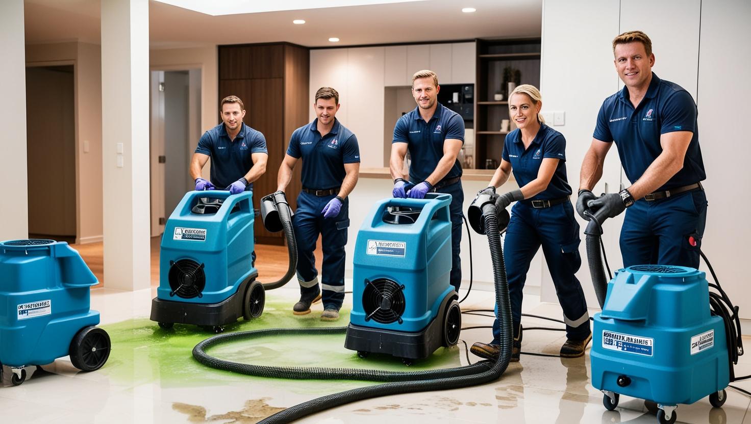 Team of technicians using commercial dehumidifiers to dry a water-damaged floor inside a building