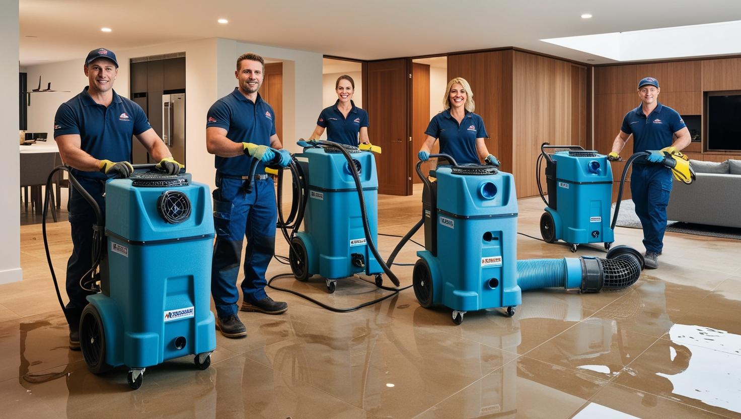 Team of professionals using large blue commercial dehumidifiers to dry flooded indoor area