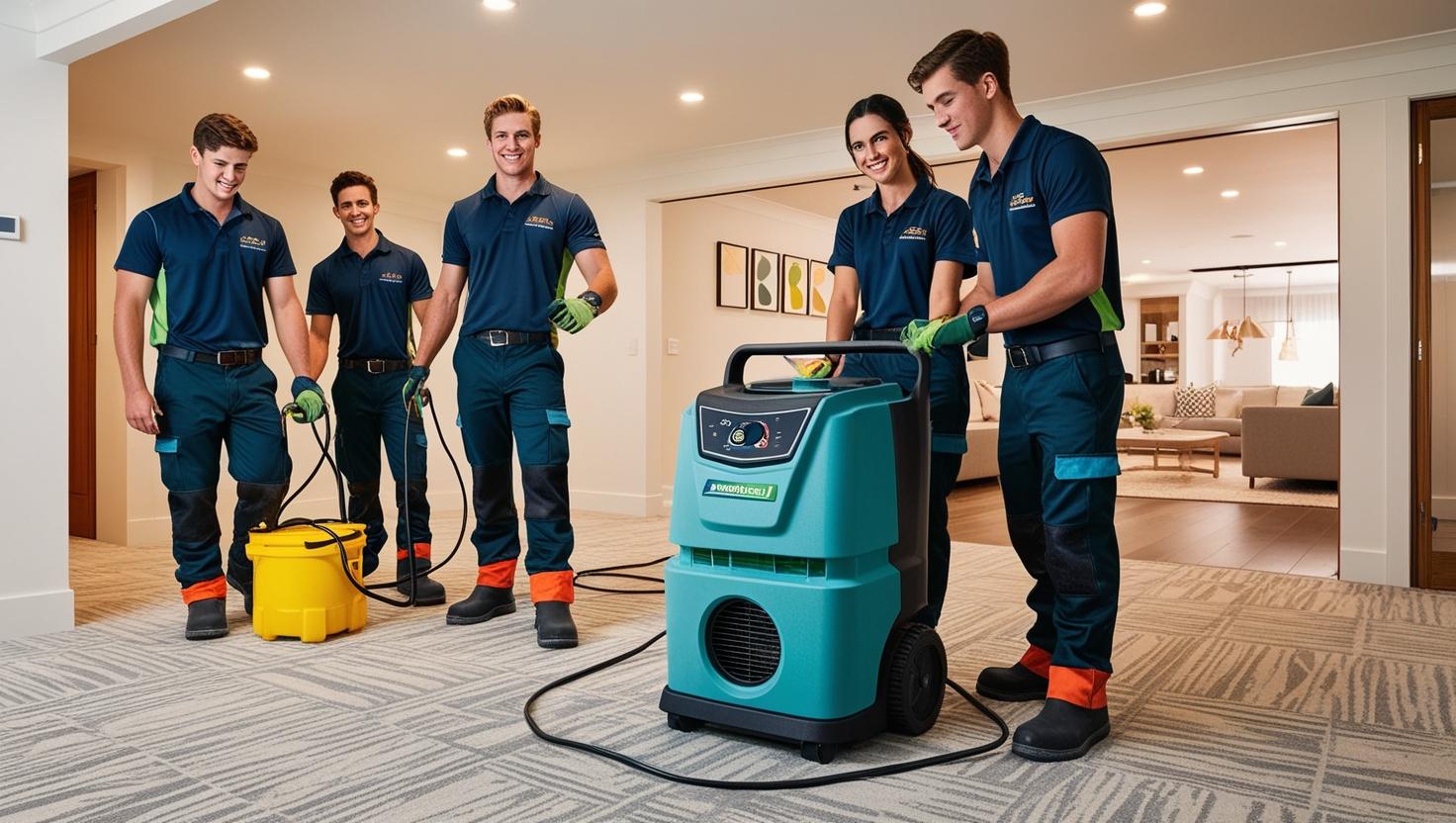 Technicians operating industrial air purifiers in a modern office environment for air quality improvement