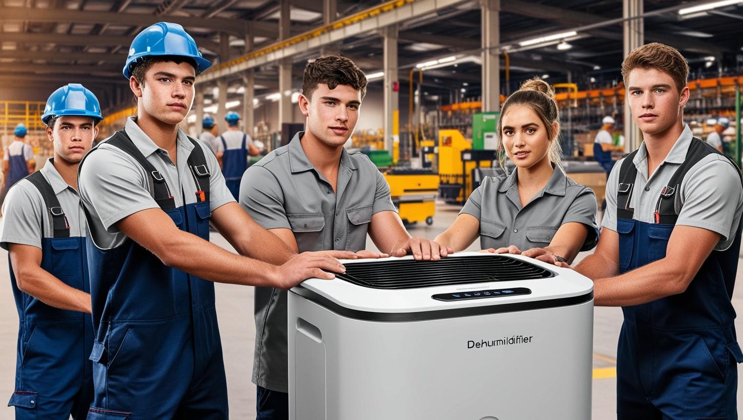 Group of factory workers standing around a commercial dehumidifier in an industrial warehouse