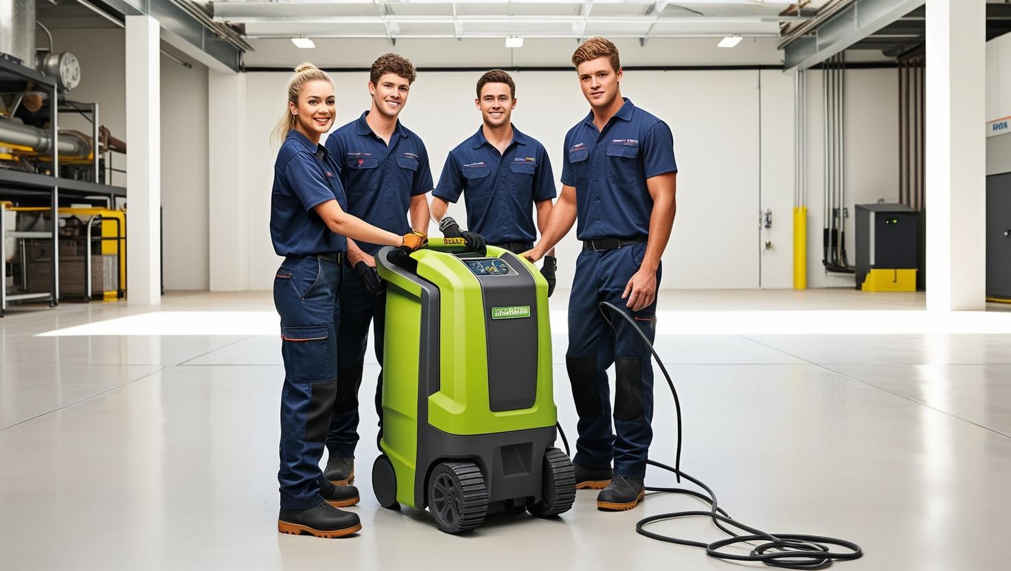 Team of workers standing around a large green industrial dehumidifiers in a clean warehouse