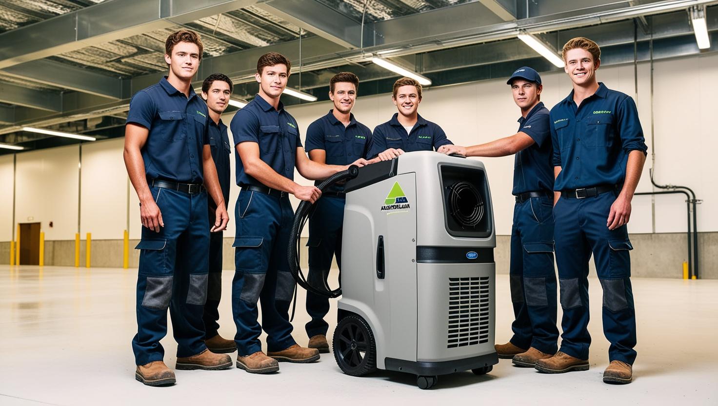 Group of technicians standing around an industrial air purifier in a large indoor facility