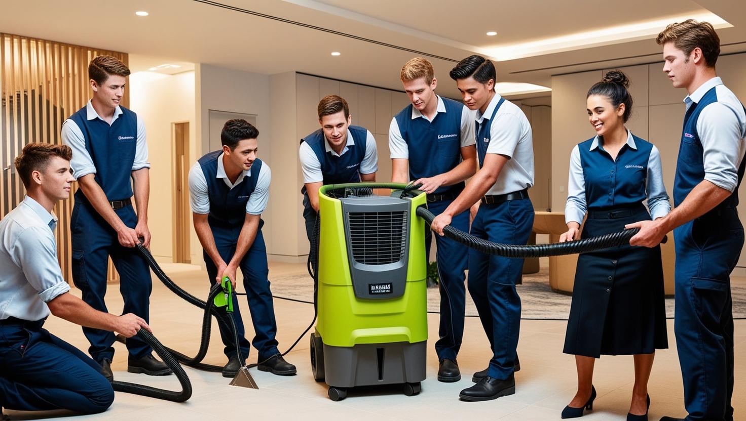 Group of technicians demonstrating the use of commercial dehumidifiers in a modern indoor space
