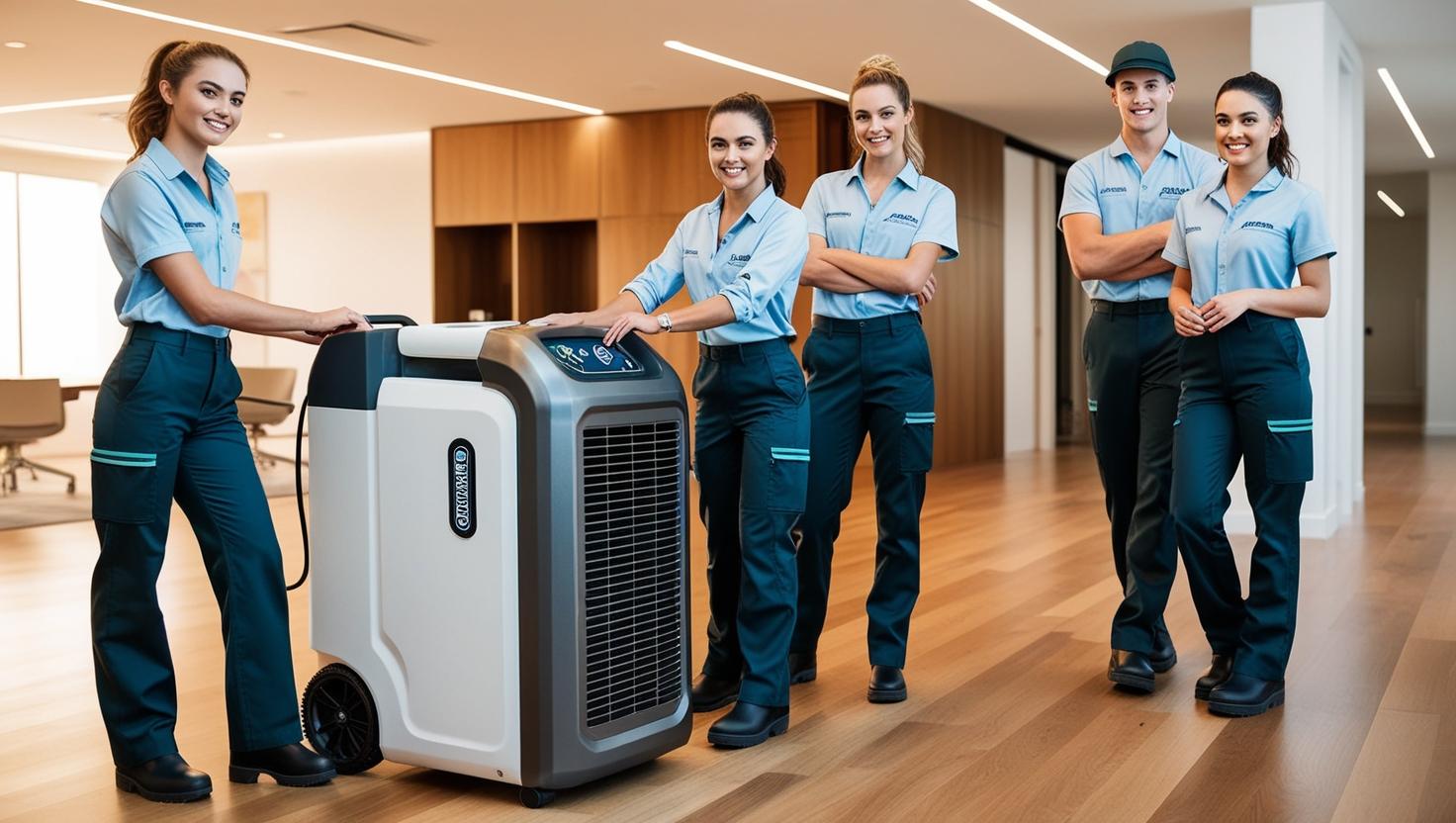Team of technicians demonstrating air purifier device for effective air quality solutions in modern indoor space