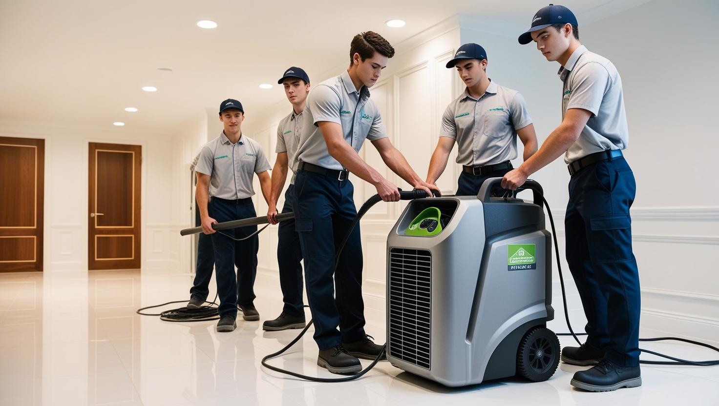 Technicians operating air cleaning equipment in hallway showcasing professional Air Quality Solutions