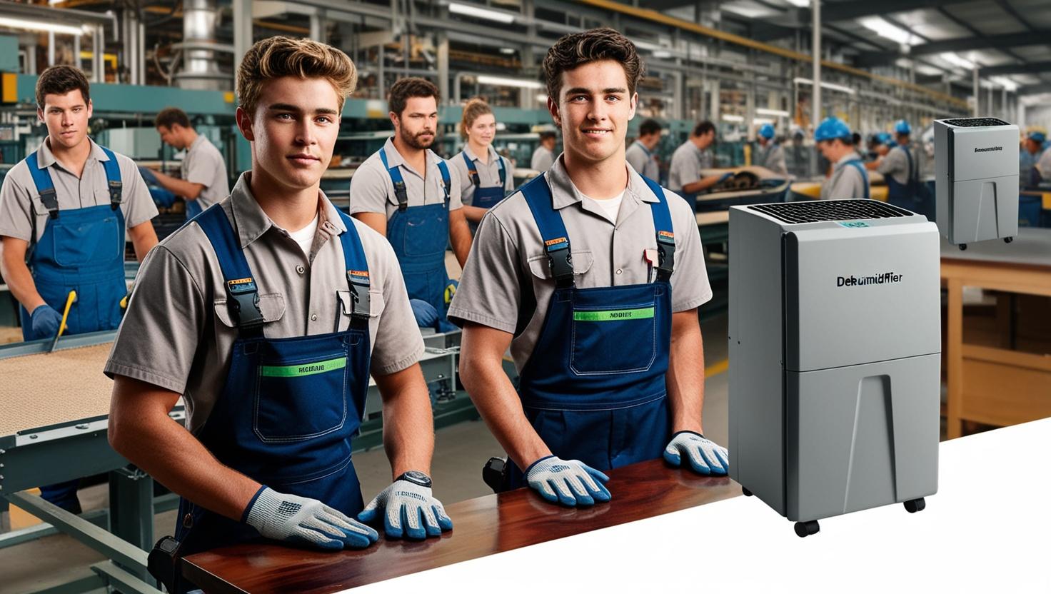 Factory workers standing next to commercial dehumidifiers in an industrial manufacturing environment