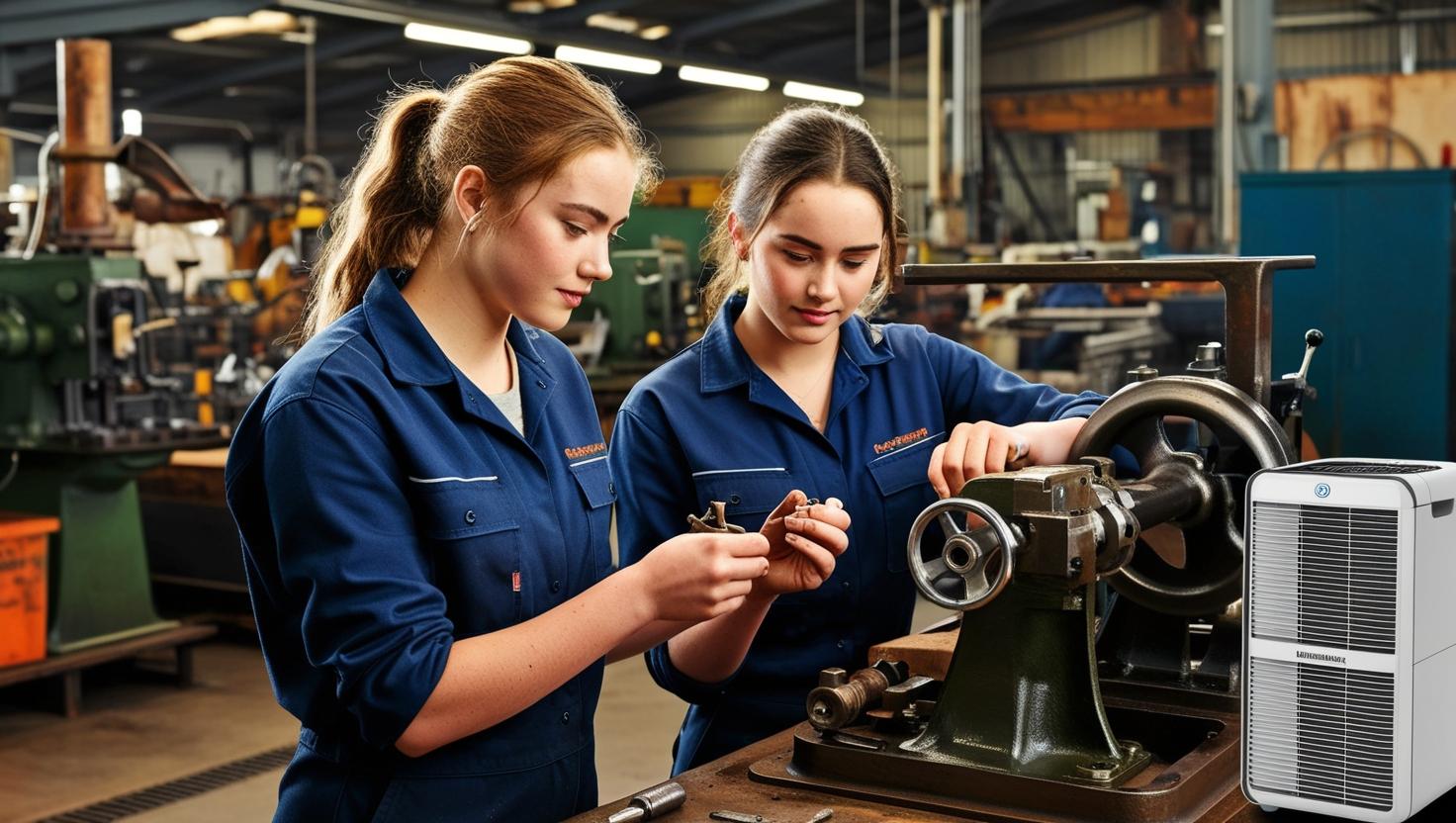 Two female workers using tools in a factory workshop with an industrial dehumidifier nearby